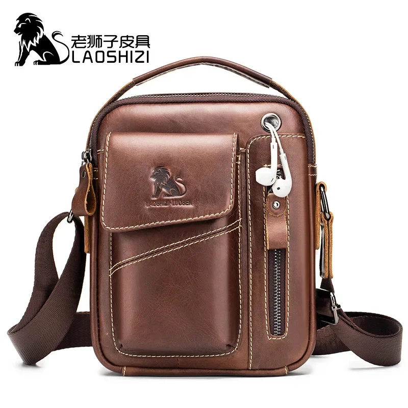 

LAOSHIZI Brand Genuine Cow Leather Shoulder Men Messenger s Small Handbag Casual Flap Zipper Design Male CrossBody Bag