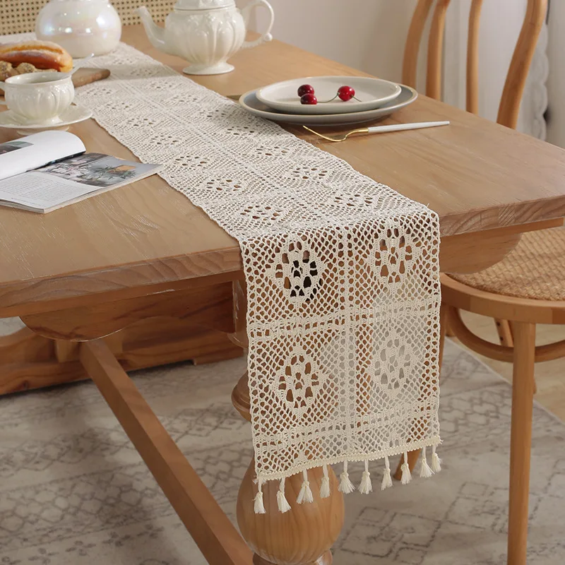 Boho Beige Table Runner, Vintage Farmhouse Bohemian Crochet Macrame Table Runner for Wedding Party Coffee Dining Table Decor