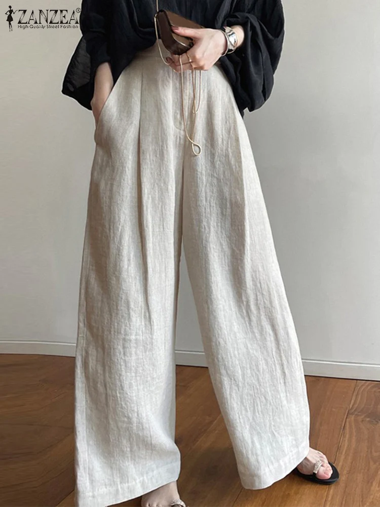 

Stylish Solid Wide Leg Pant ZANZEA Vintage Pleated Trousers Women High Waist Office Pants Elegant Loose Cotton Long Pantalon