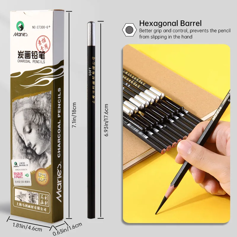 12pcs Marie's Charcoal Pencils Set for Drawing, Sketching,Shading,for Artists,Professional - Soft Medium and Hard Tips Blending 3