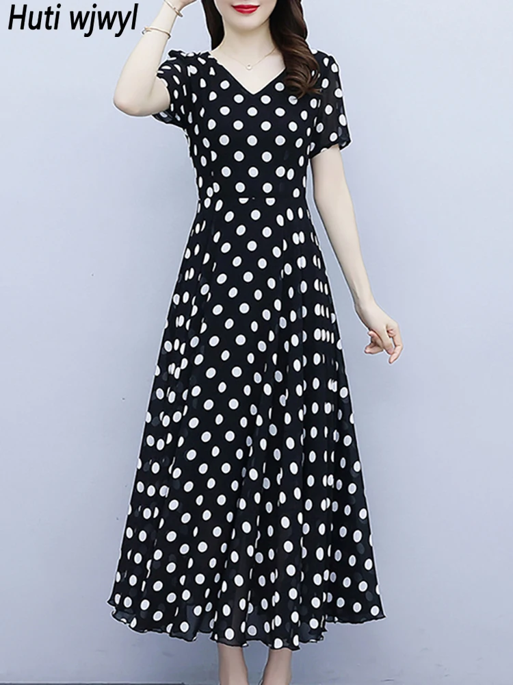 Summer Chiffon Polka Dot Casual Beach Long Dress Women