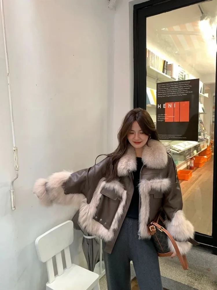 Woman Clothing New Women\'s Leather Imitation Fox Fur Coat 2023 Winter Short Motorcycle Coat Faux Fur Coat Jackets for Women