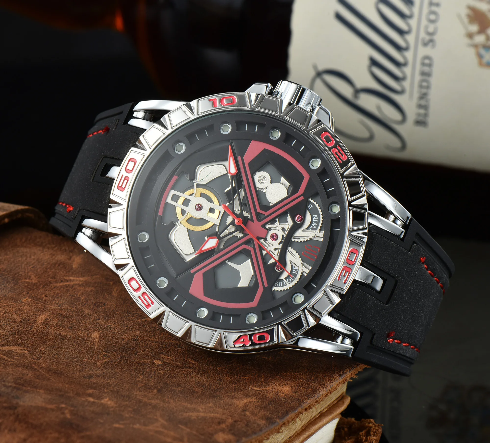 Mix 8 Colors Brand New RJ Luxury Sport Quartz Bell Multifunction Watch Business Leather Man Calendar Round Wristwatch