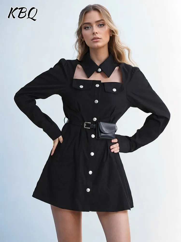 

KBQ Spliced Belt Hollow Out Solid Dress For Women Lapel Long Sleeve Single Breasted Casual Tunic Mini Dresses Female Clothing