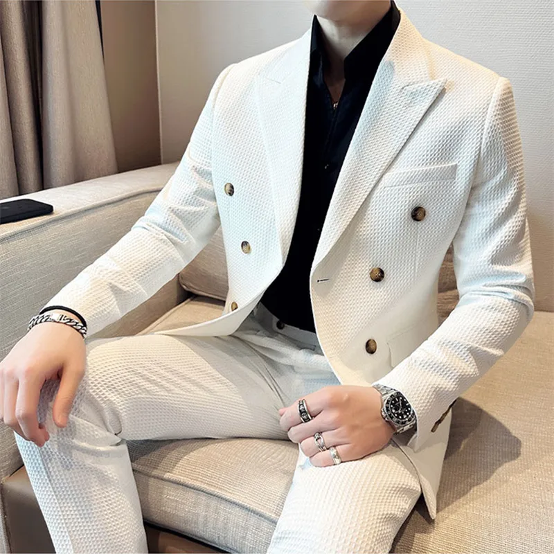 Double-breasted Waffle Business Suit Men Wedding Prom Party Blazers and Pants Homme Slim Fit Tuxedo Dress 2Piece Set