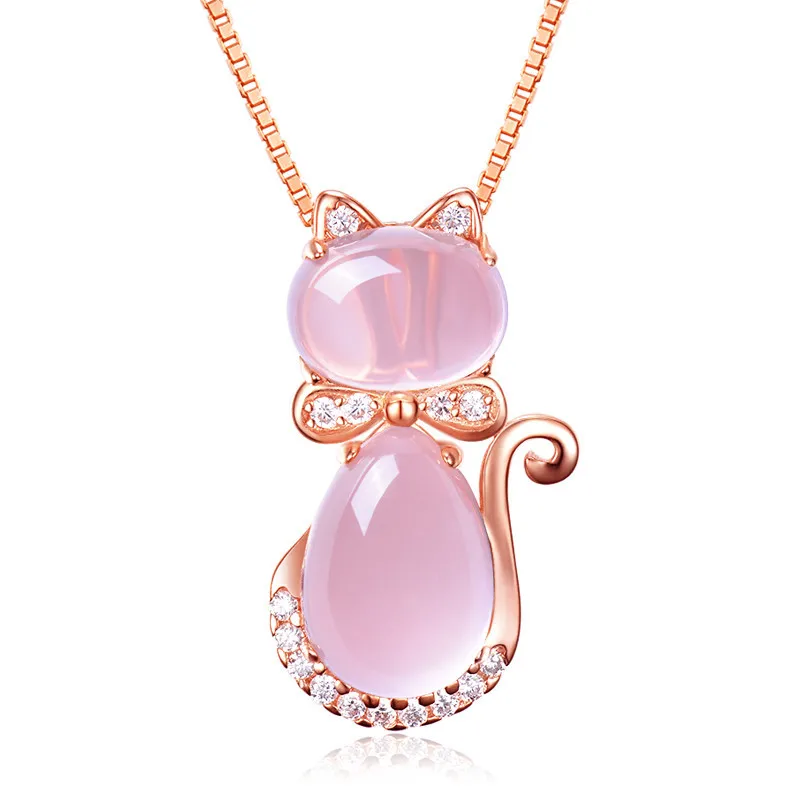 Pink Natural Jade Cat Pendant Necklace Stone Gifts for Women Real Jewelry Rose Gold Plated Charm Fashion Accessories Designer pendant necklace