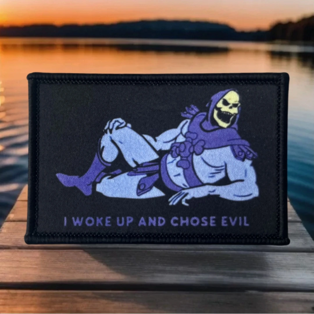 Death Skeletor Lustiges Moralabzeichen „I Woke Up Evil“-Patch, taktisches Armband, bedruckt, mit Klettverschluss, Outdoor-Rucksack, Hutaufkleber
