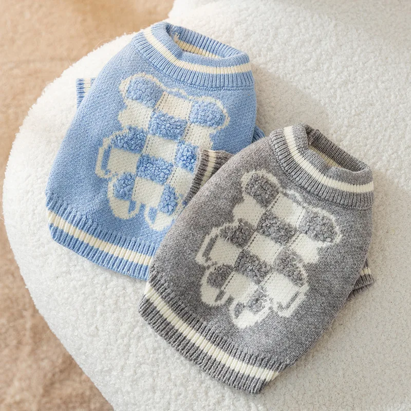 

Blue Plaid Little Bear Sweater Autumn and Winter Dog Clothing Pet Warm Knitted Teddy Pullover Fashion Puppy Clothes XS-XL