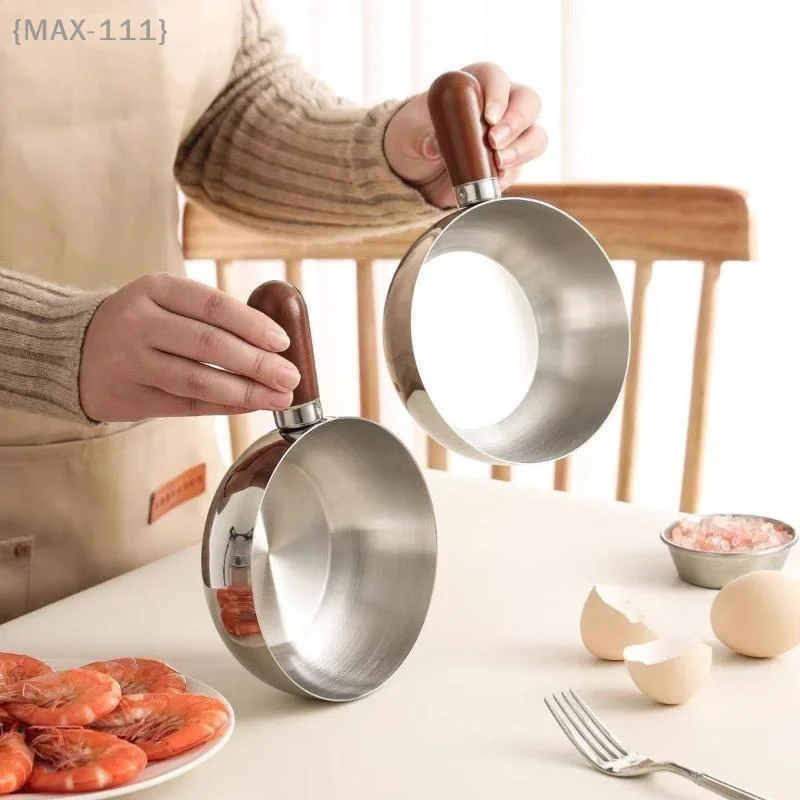 14cm Single-Person Stainless Steel Pot - Walnut Wood Handle, Fruit Salad/Yogurt Bowl, Restaurant Breakfast Cooking Tool