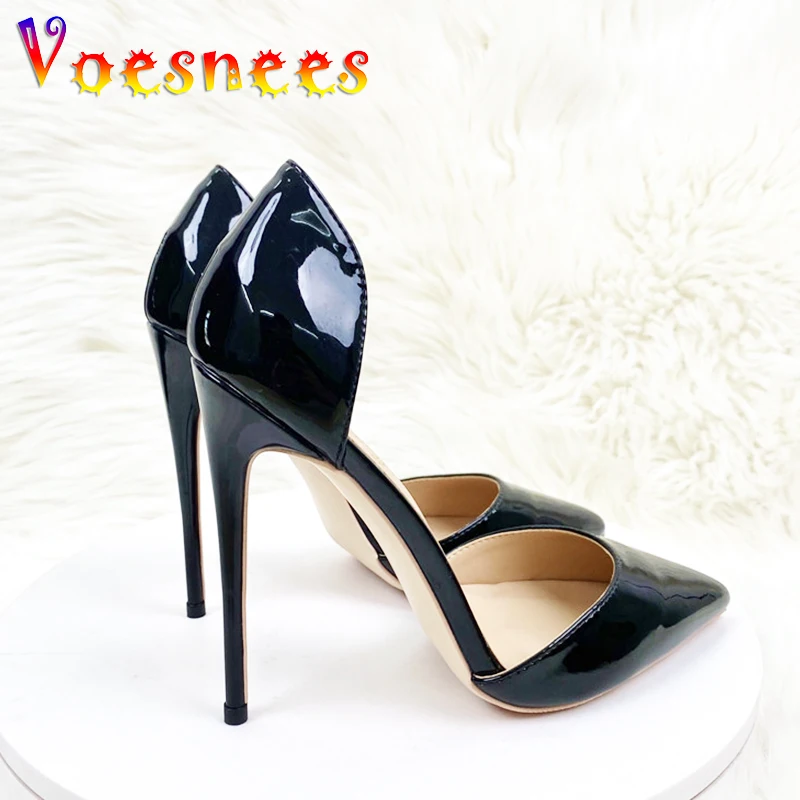 

2023 New Everyday Walking Fashion High Heels 12CM Summer Side Empty Office Women Shoes Black Lacquer Leather Pointed Toe Sandals