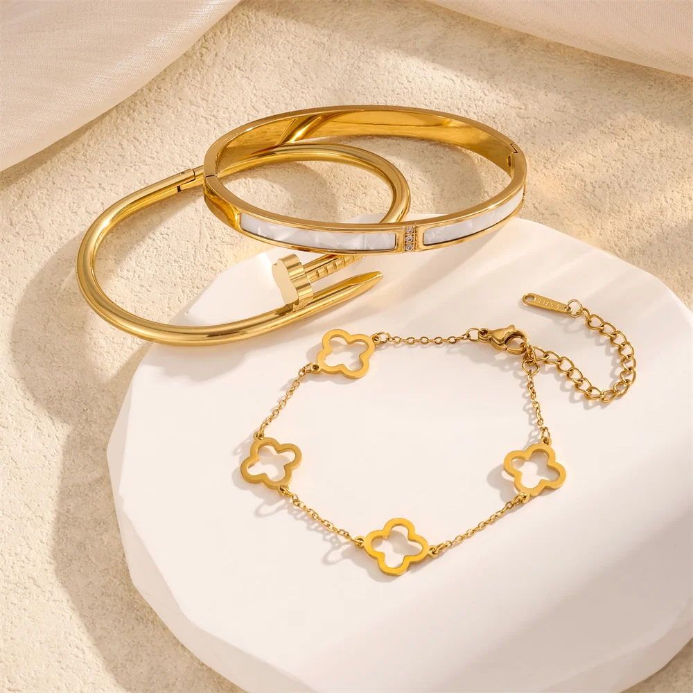 3pcs/2pcs Stainless Steel Four-Leaf Clover Stacked Bracelets Set 18K Gold Plated Couple Jewelry Lucky Charm Holiday Gift 5