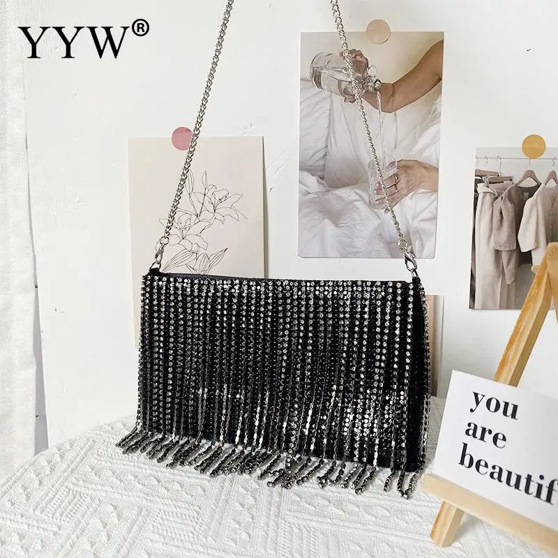 

Sliver Diamonds Rhinestone Tassel Evening Bag 2023 Female Chain Dinner Bag High Quality Long Tassel Black Handbag Clutch Bag