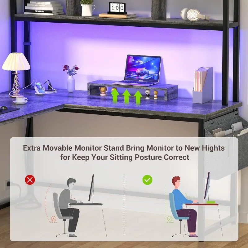 s L Shaped Computer/ Gaming Desk with Power Outlet & LED Strip 5