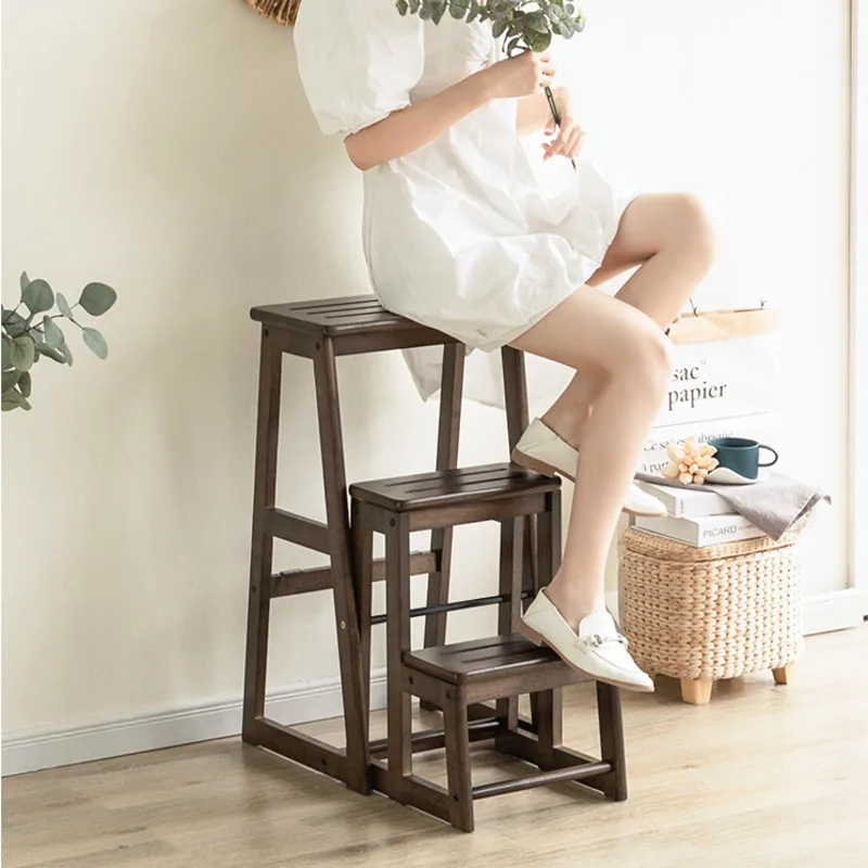 

Solid Wood Ladder Stool Household Foldable 3 Steps Thickened Kitchen Ladder Dual-Use Stairs Folding Shoe Stool for Easy Storage