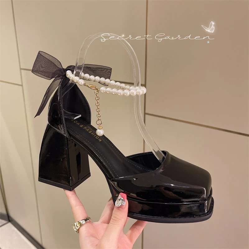 Ladies High Heels Elegant Bow Square Toe Black High Heels Fashion Thick Heel Wedding Party Pearl Lace Wedding Shoe platform heel