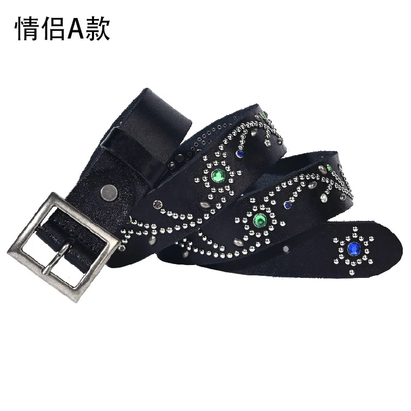 3.8CM Cowhide High Quality Genuine Leather Inlaid Diamond Punk Belts for Men Needle Buckle Jeans Cowboy Waist Belt Luxury