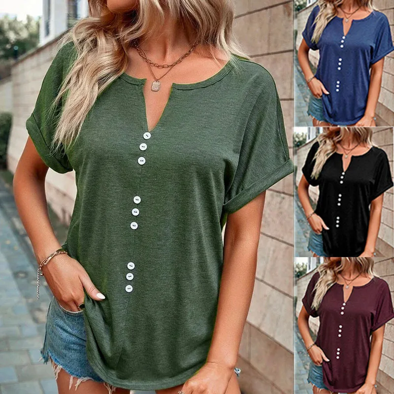

Fashion Spring and Summer New Women's V-neck Button-short Sleeve Solid Color Loose Top Bottom Shirt