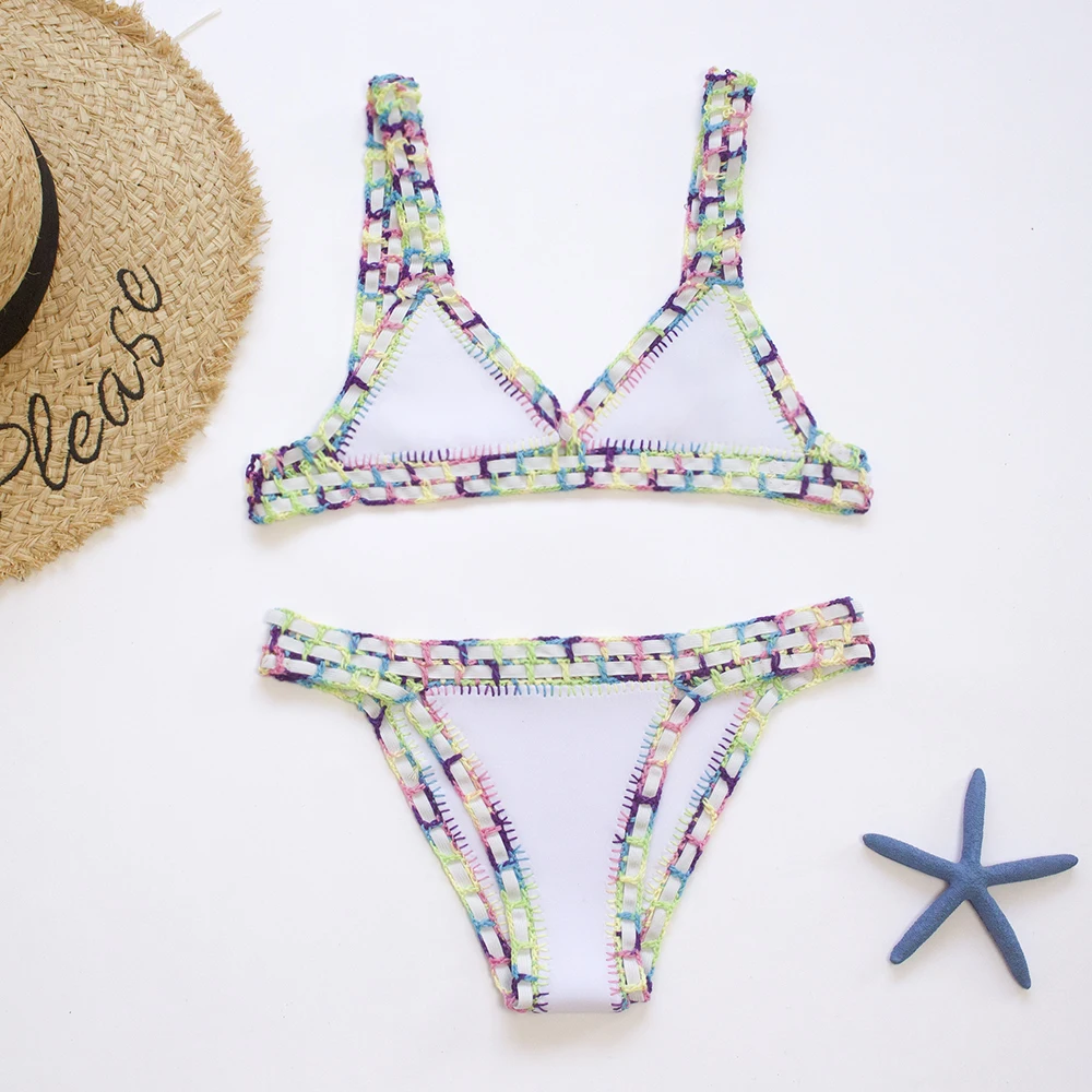 Kleurrijke Gehaakte Bikini 'S Dameszwempak 2023 Sexy Bandage Braziliaanse Bikini Set Gebreid Badpak Badmode Vrouwen Biquini