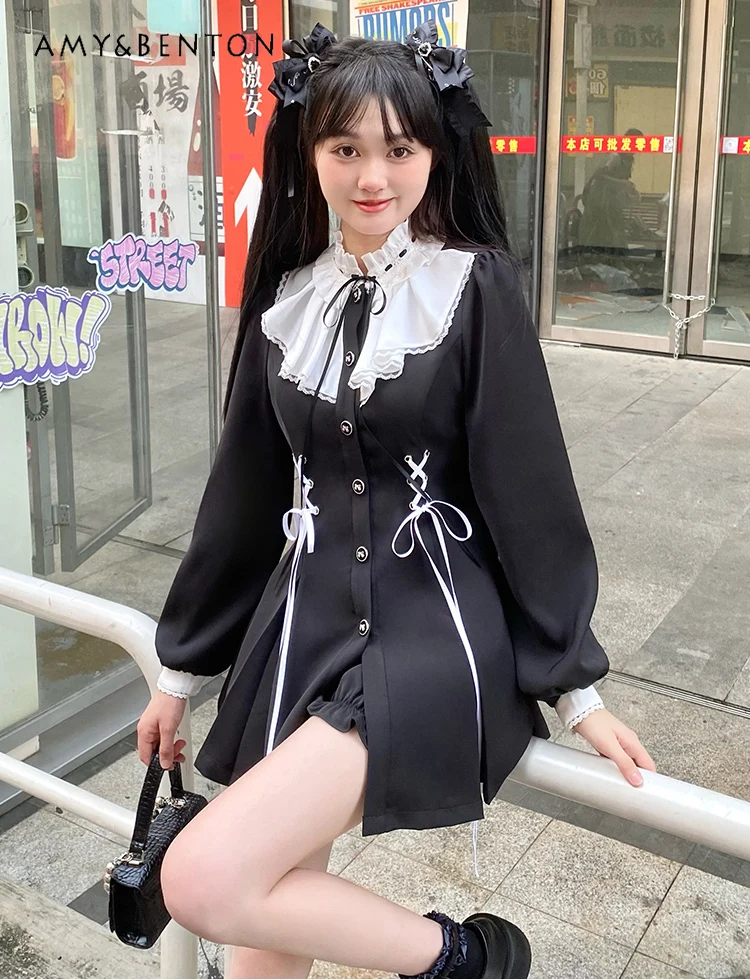 

Preppy Style Sweet Bow Lace-up Dress for Women Mine High Waist Slim Dresses Elegant Stand Collar Black Mini Dress Spring Autumn