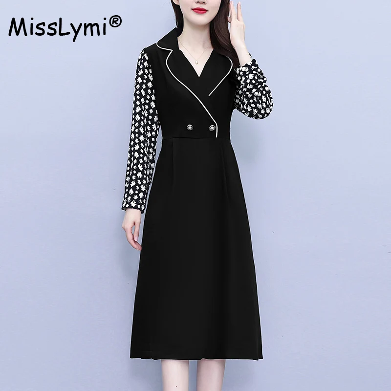 

Женское платье средней длины составного кроя, черное элегантное платье большого размера с отложным воротником и цветочным принтом в Корейском стиле, осень 2023