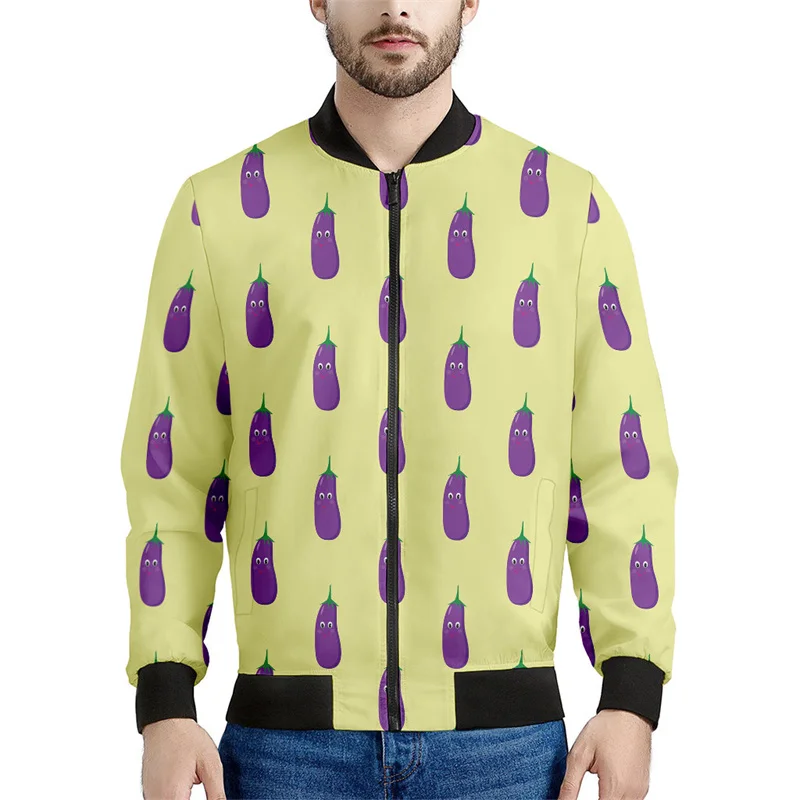 thumbnail image 1 of Chaquetas con cremallera y estampado de berenjena a la moda para hombre, abrigo vegetal con estampado 3D, chaqueta informal de calle con cremallera para mujer, sudadera de manga larga, 1 of 5