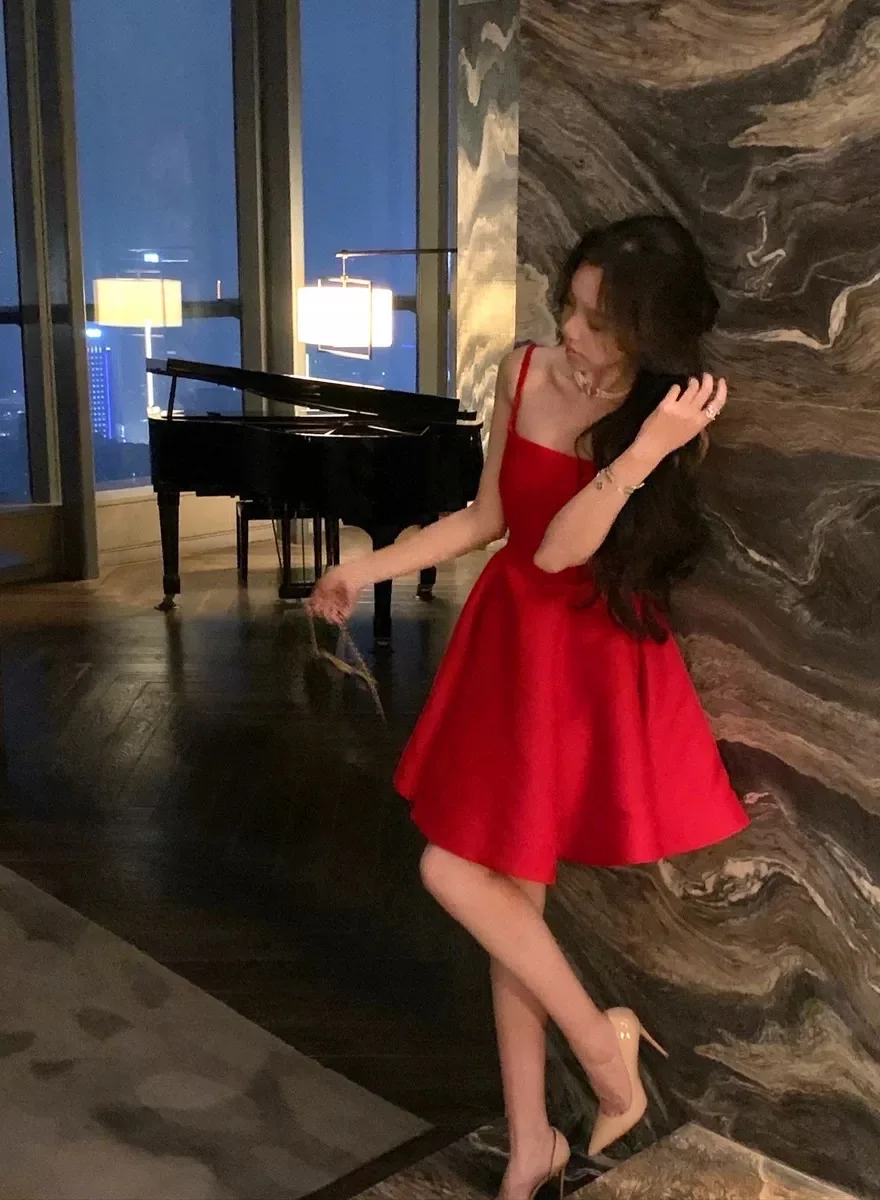 Elegant Short Dresses for Women Summer New Solid Spaghetti Strap A-line Evening Party Dress Prom Chic Clothing Vestidos Mujer