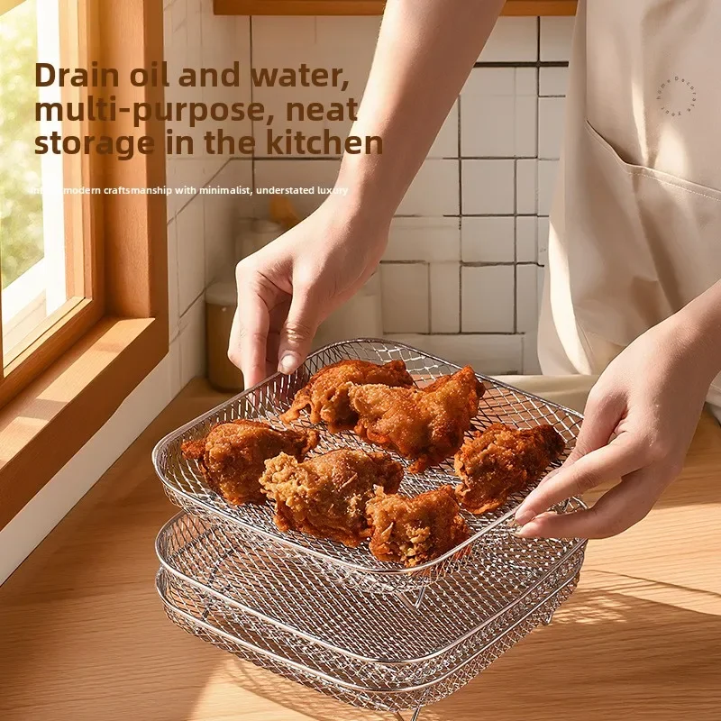 Three Layer Stackable Air Fryer Accessories Stainless Steel Barbecue Dehydration Rack Oven Universal Anti Scald Food Oil Rack