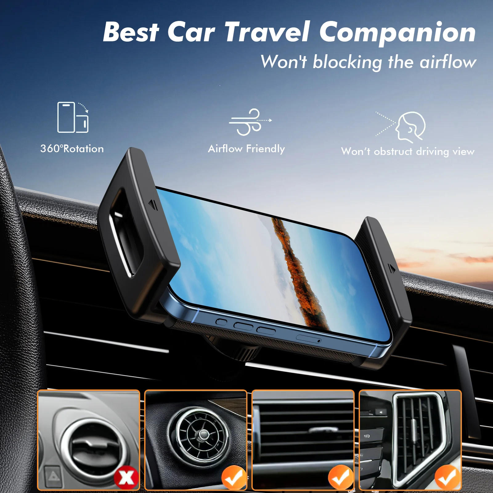 Eary Car Phone Holder 360°Rotatable Mount Vent iPad Tablet for Car iPad Mini Air Z Fold 7 6 iPhone Samsung More 4-12.9" Device