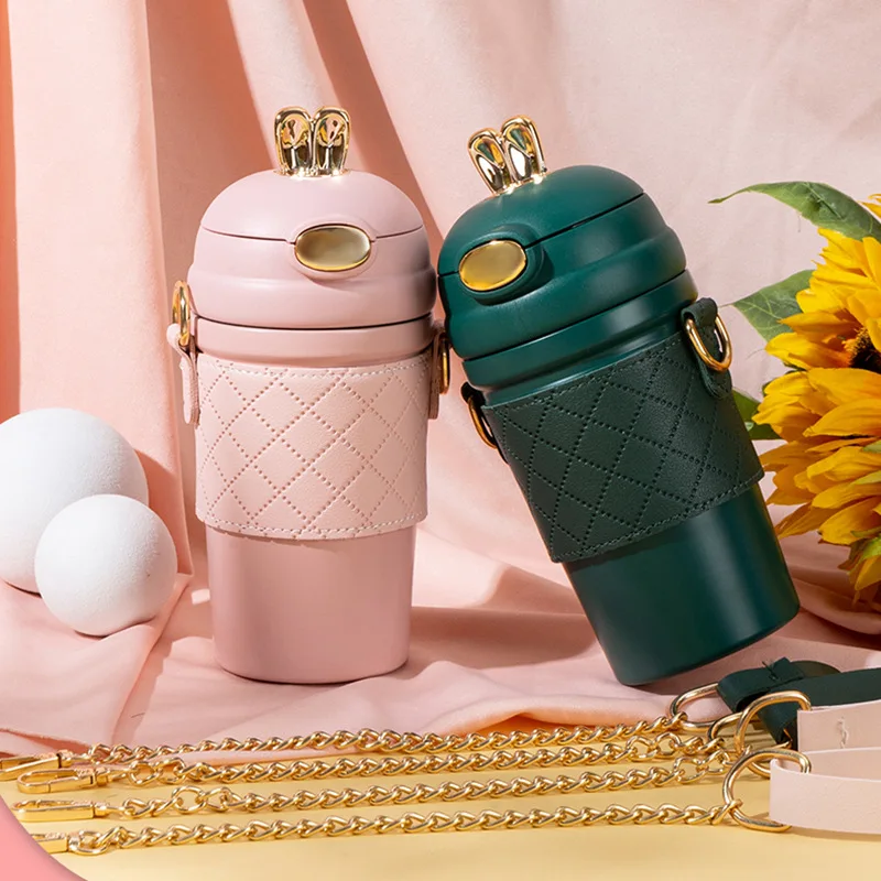 480ML Stainless Steel Insulated Cup High-end Convenient Rabbit Ear Water Cup Female Straw with Shoulder Strap Water Bottle
