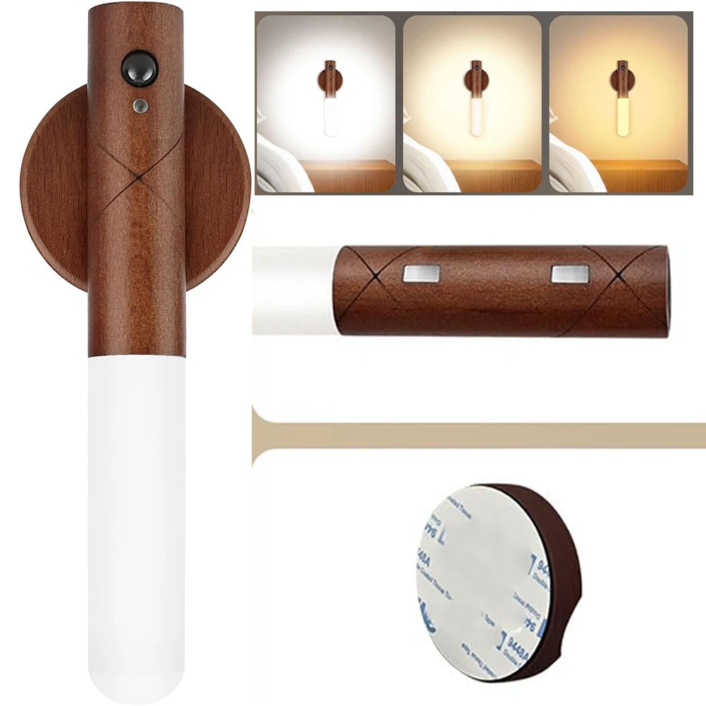 실내 나무 벽 스콘스 모션 센서, 마그네틱 LED 벽 조명, 무단 조광, USB 충전식, 침실 복도 계단