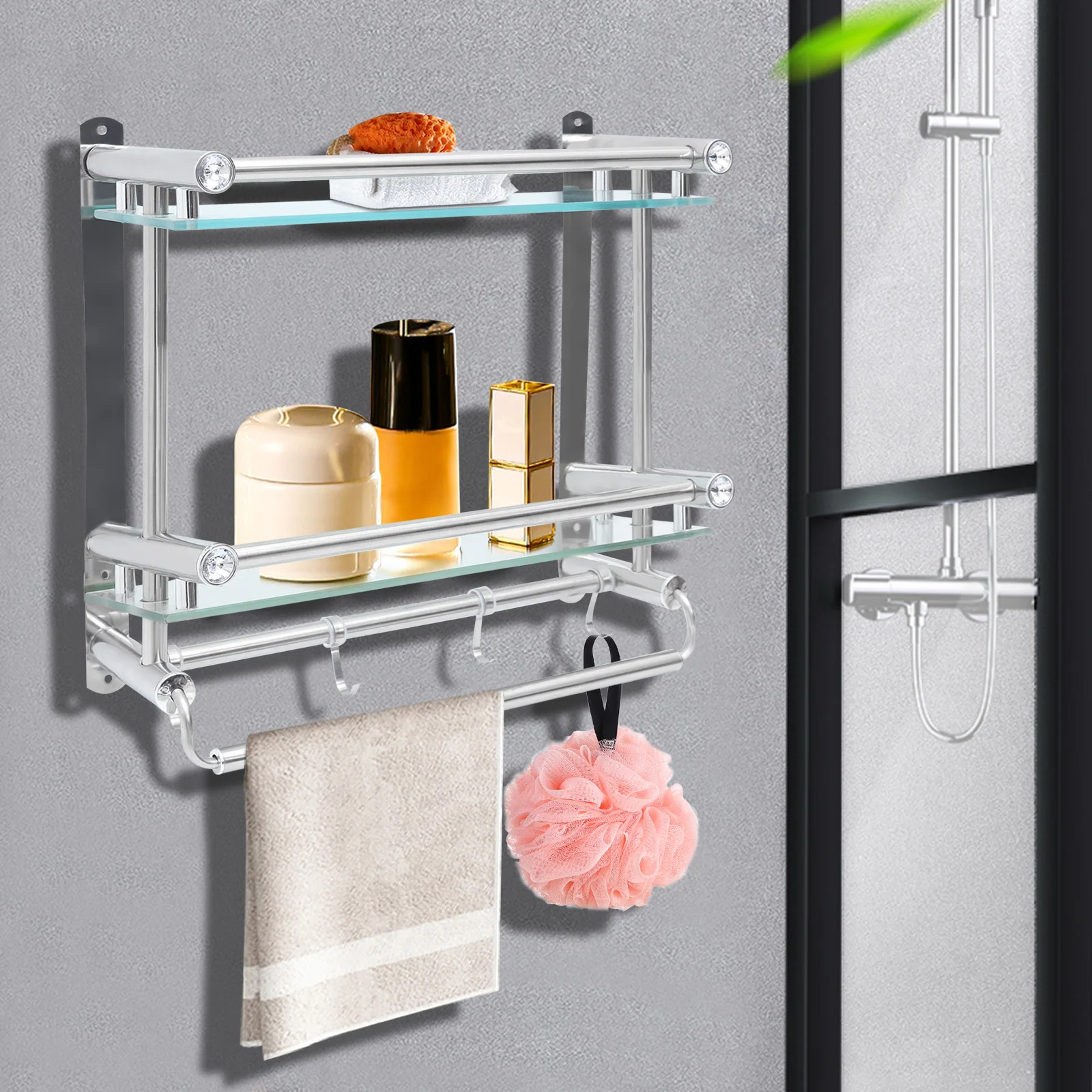 

Collection Bathroom Single Towel Bar Bathroom Shelf, Stainless Steel Wall Mounted Shower Shelf Storage Bracket with Towel