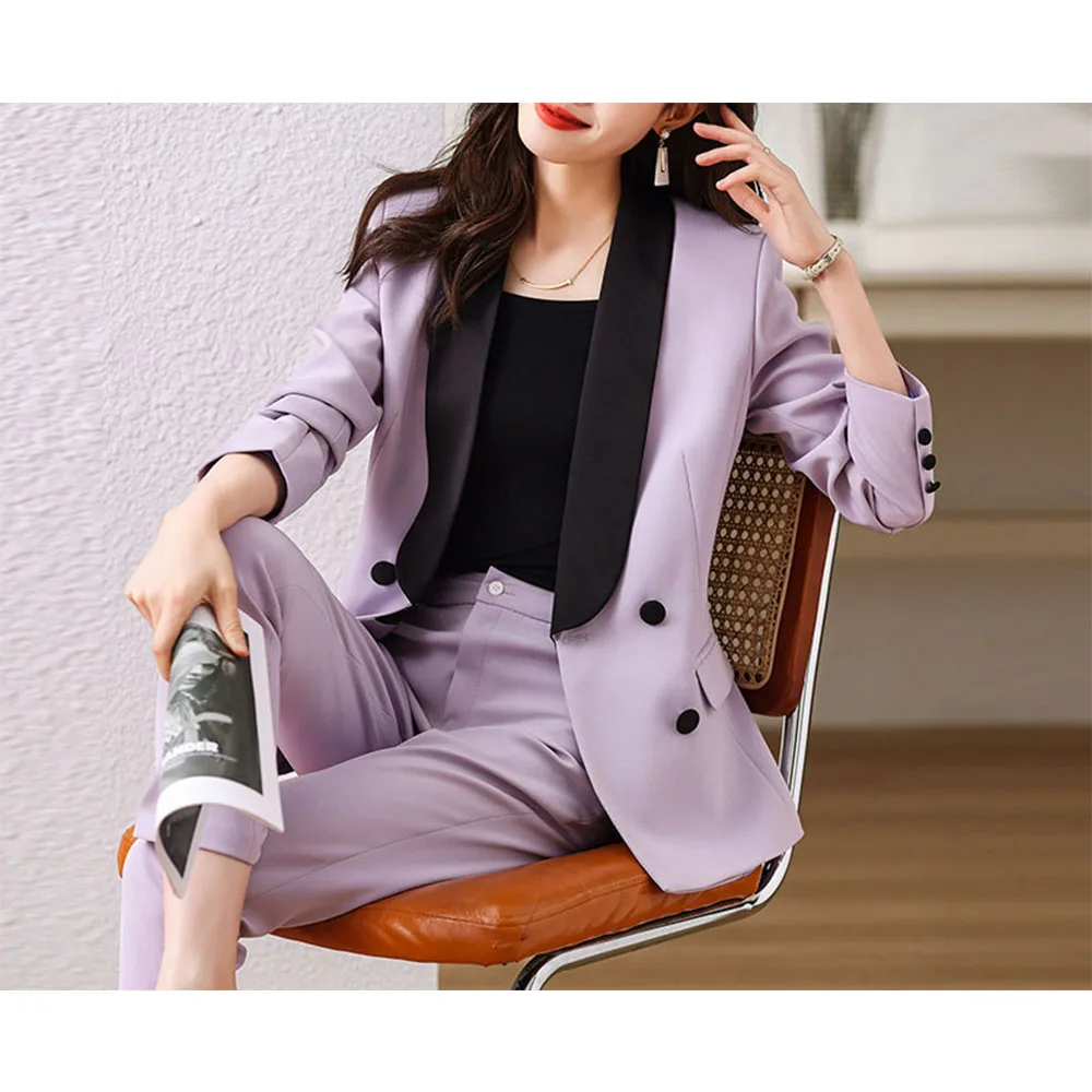 Tesco Purple Women's Suit Black Shawl Lapels Blazer Pants Formal Slim Fit Outfits For Work Interview Wear Pants Set 2 Pi