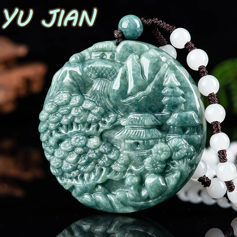 

Natural A Goods Jade Bean Green ShanShui Double-Sided Engraving Pendant Jewellery Hand-Carved Emerald Sweater Chain for Women M