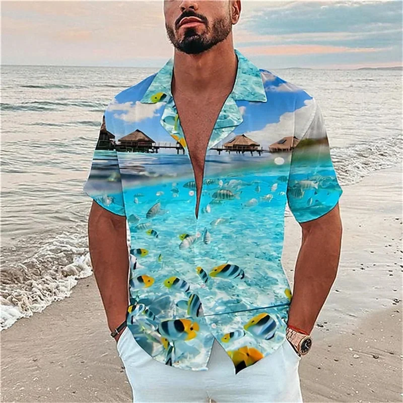 

Fashion new men's Hawaiian shirt ocean 3D printed shirt sky blue short sleeve button cardigan beach plus size shirt 5XL summer