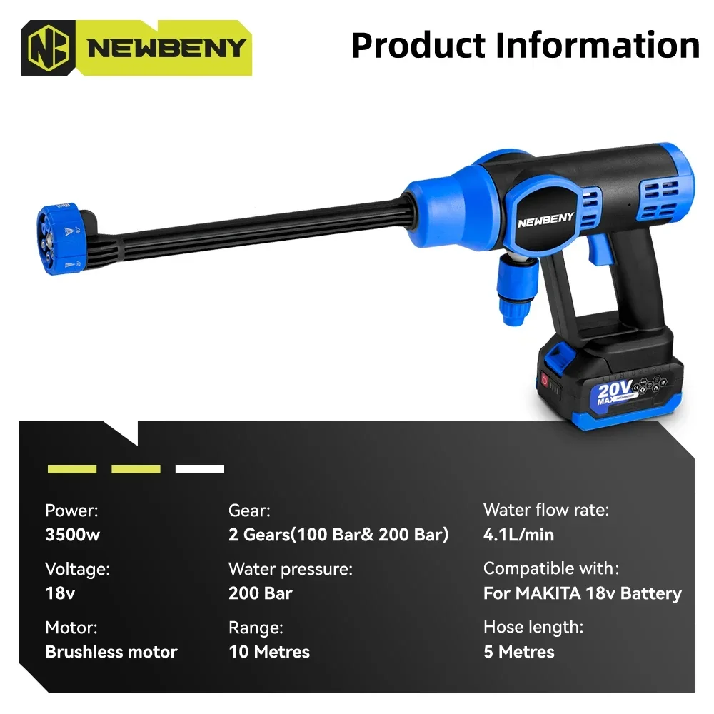 NEWBENY 200Bar Brushless Electric Car Washer 6 IN 1Cordless Efficient Car Garden Washing Power Tools For Makita 18V Battery 2