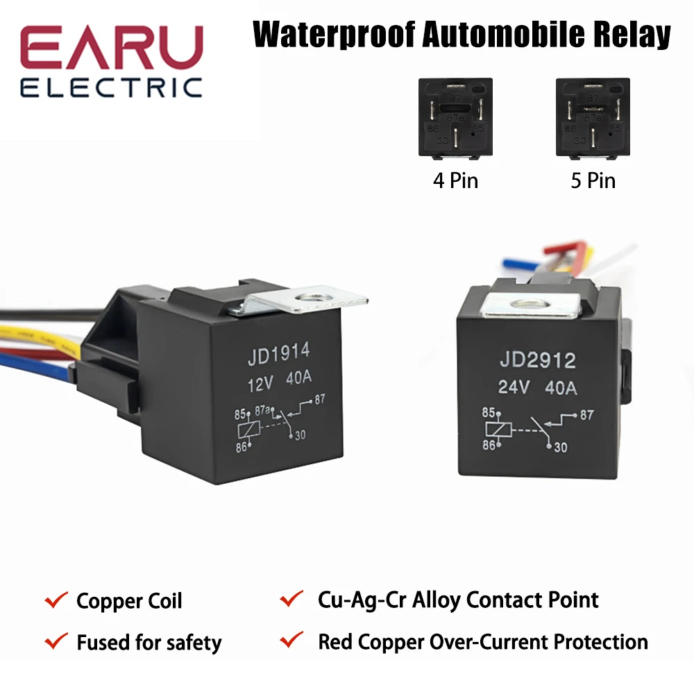 防水自動車リレー 12V 24V 4pin 5pin 4 1080P 5P 40A 車リレー黒