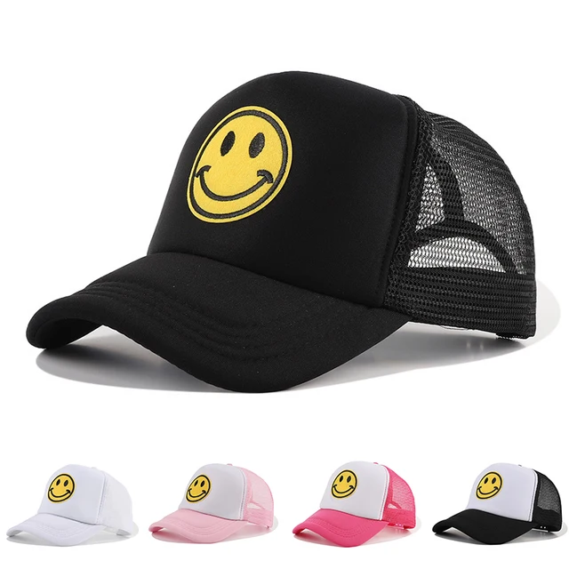 New Fashion Smile Face Embroidery Baseball Caps Summer Breathable Mesh Snapback Cap for Men Women Shaded Sun Trucker Hats 2