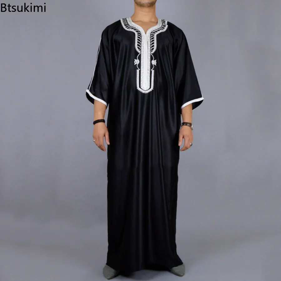 Модное мусульманское мужское платье Jubba Thobes, арабское, пакистанское, Дубай, кафтан, абайя, одежда для Исламской Аравии, черная длинная блузка, платье