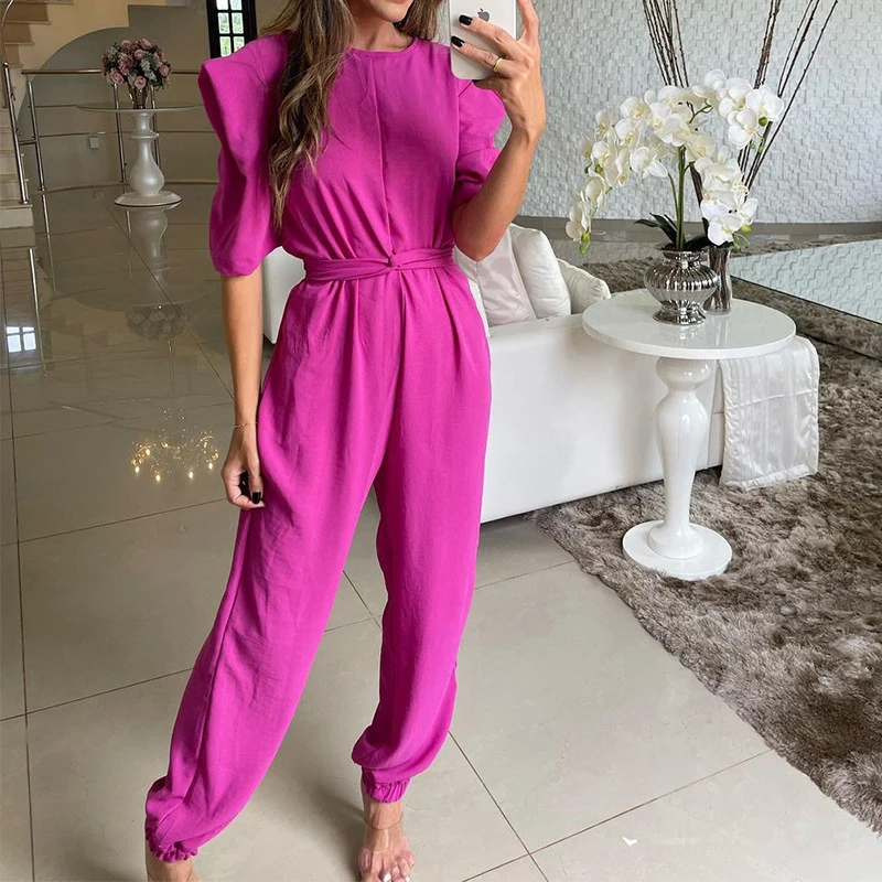 

Casual Fashion Waist Long Pants Jumpsuits Summer Short Sleeve Slim Solid Office Overalls Women O Neck One Piece Party Rompers