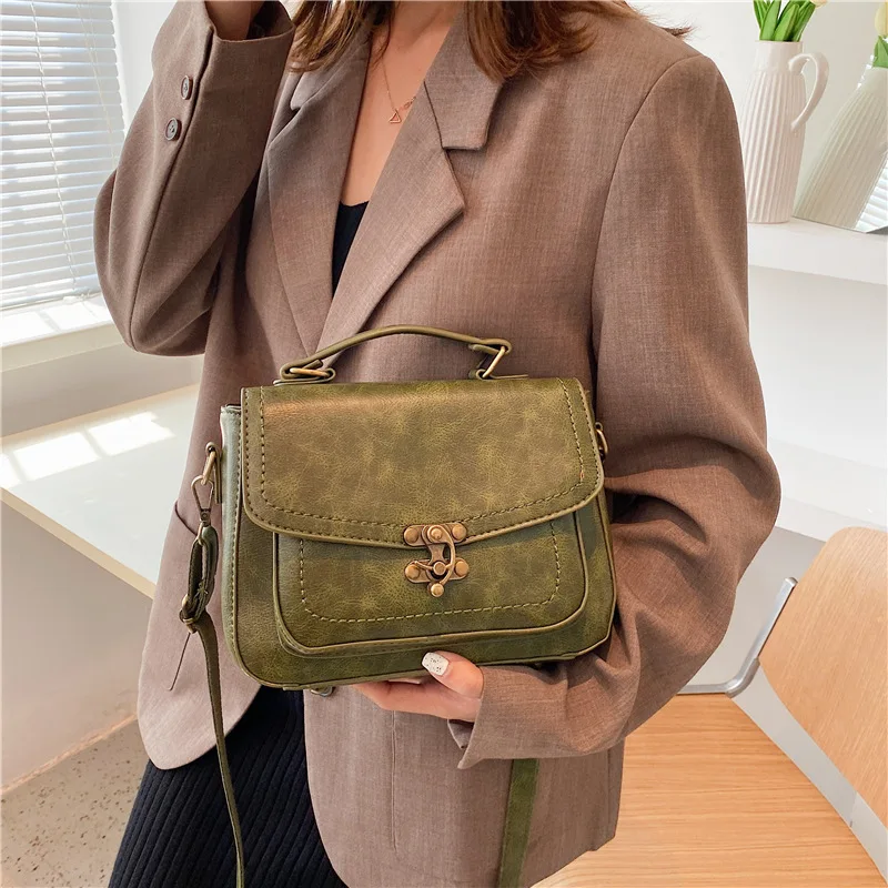 2025 New Retro-Style PU Leather Small Square Handbag With Lock Closure - Trendy Women'S Simple Mini Bag