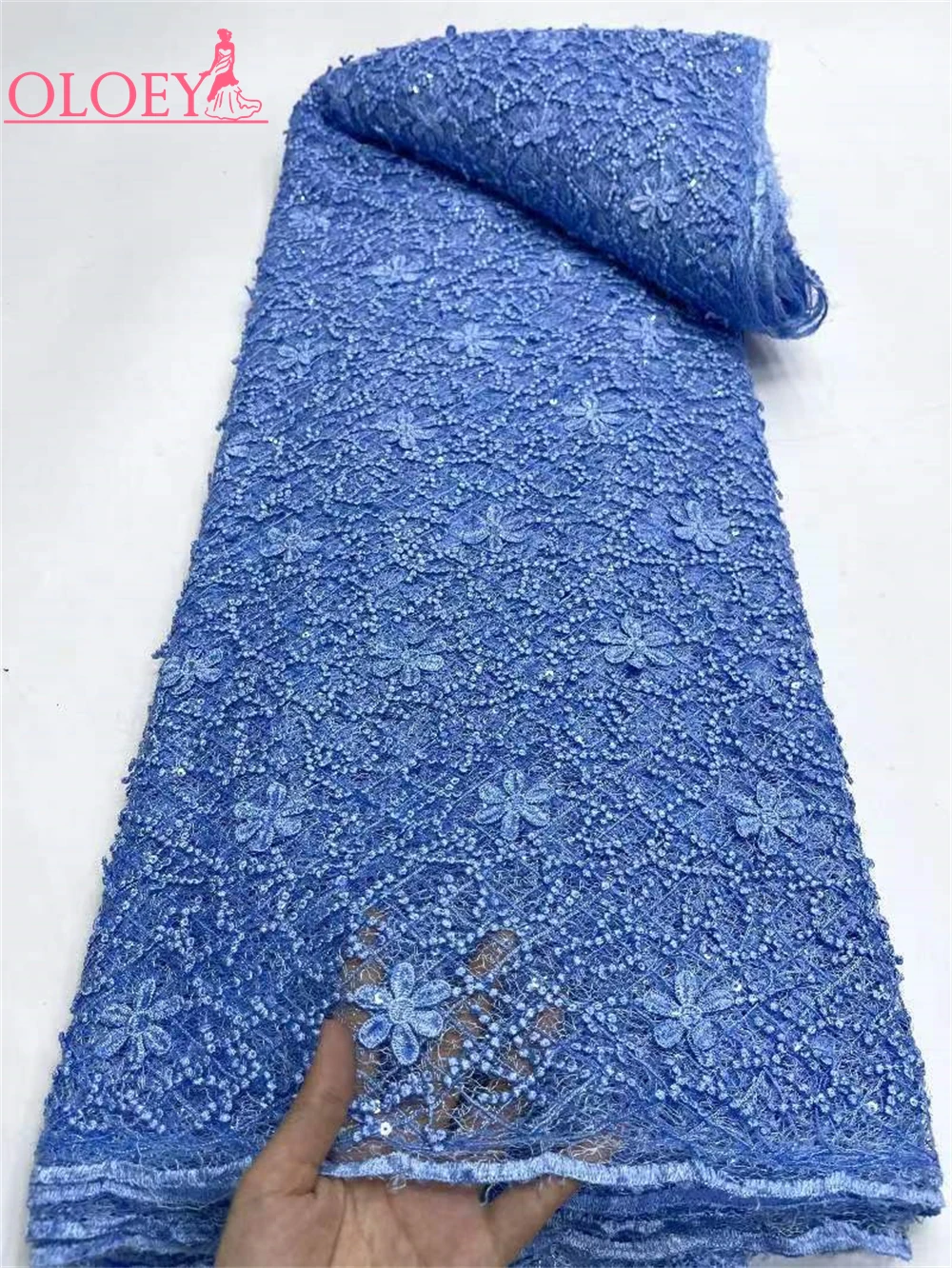 

Elegant French Mesh Lace Fabric African Embroidery Nigerian With Sequins Fabric For Wedding Party Dress