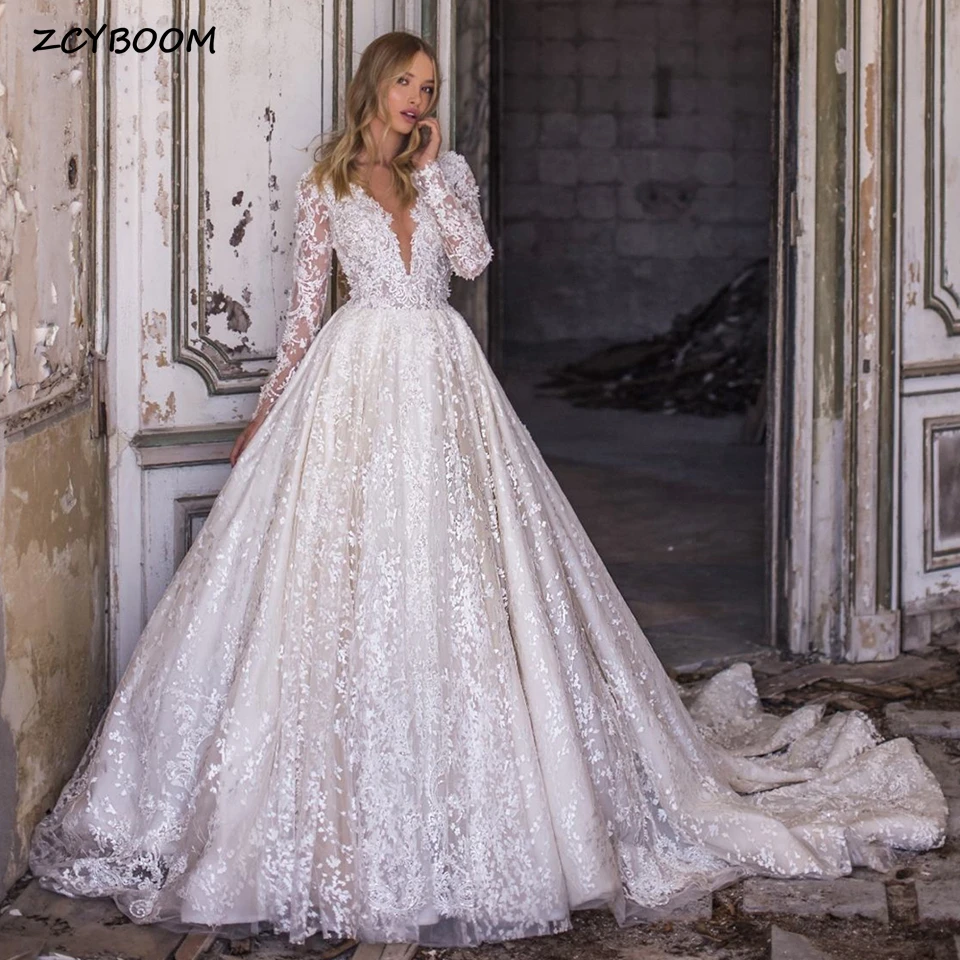 

Charming V-Neck Long Sleeves Zipper Wedding Dress 2023 A-Line Floor Length Sweep Train Tulle Appliques Custom Made Bridal Gown