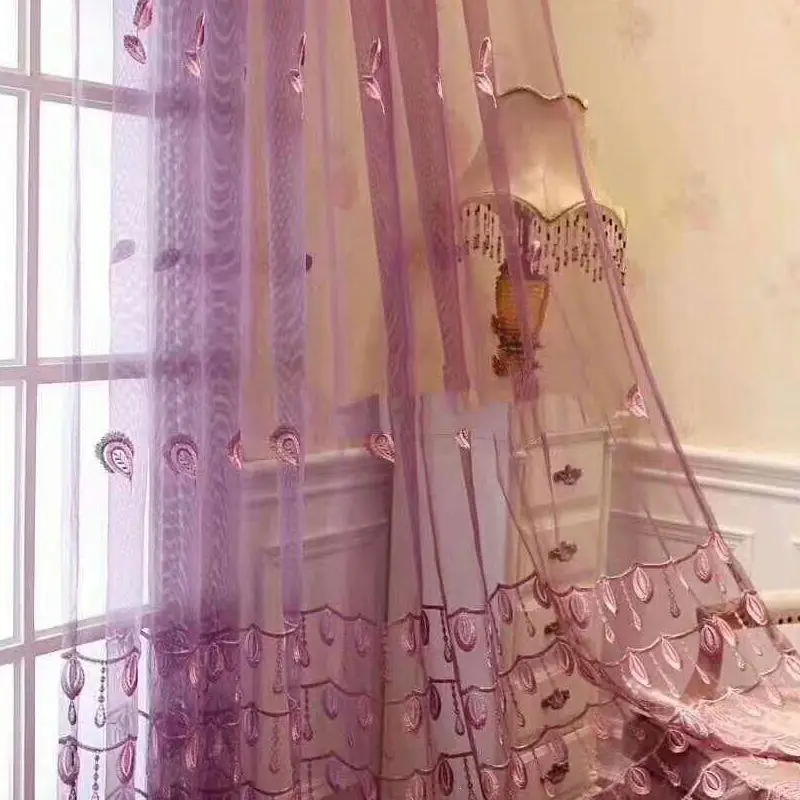 1PC Princess Style Purple Elegant Transparent Bedroom Balconies Thickened Window Curtains Living Room Bay Windows Embroidered 3