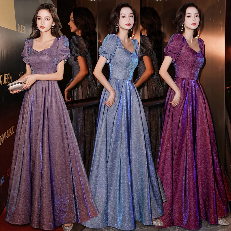 

Blue Sequin Evening Dress Women Temperament Celebrity Bridesmaid Long Dresses A-line Elegant Beadding Banquet Party Gown