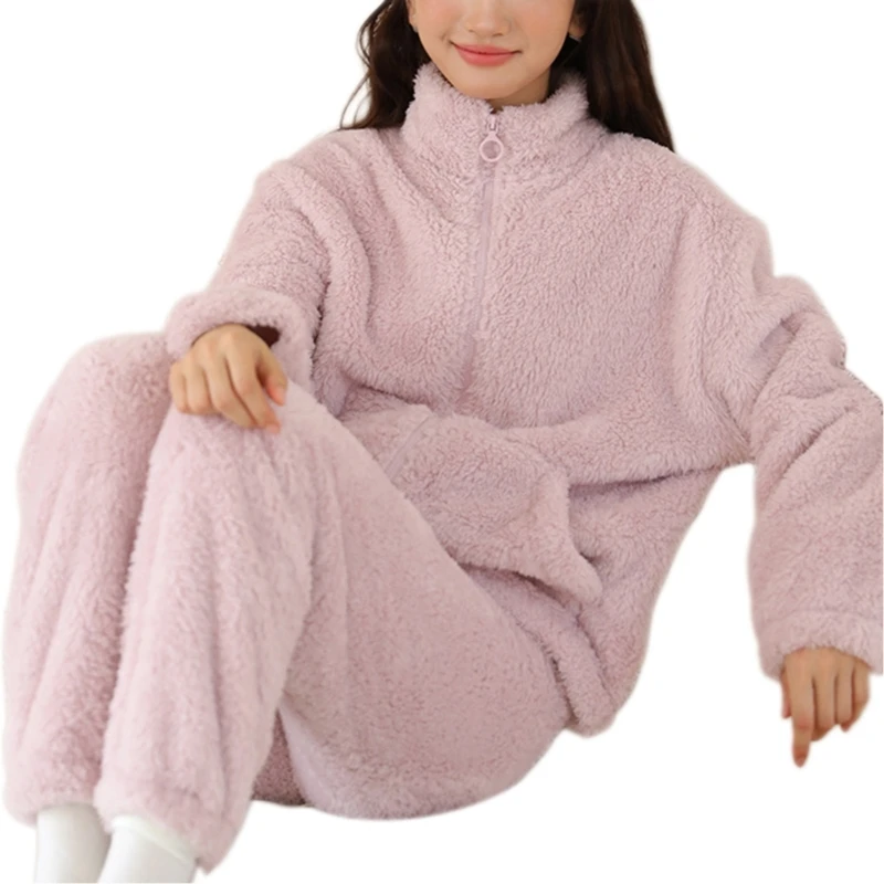 Womens Pyjamas Sets Warm Fleece Loungewear Ladies Pajamas Long Sleeve