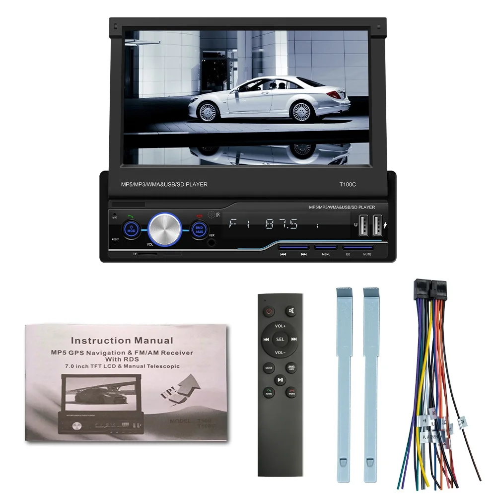 

Автомагнитола 1DIN, Bluetooth, 7-дюймовый выдвижной сенсорный экран HD, монитор MP5 Carplay, мультимедиа