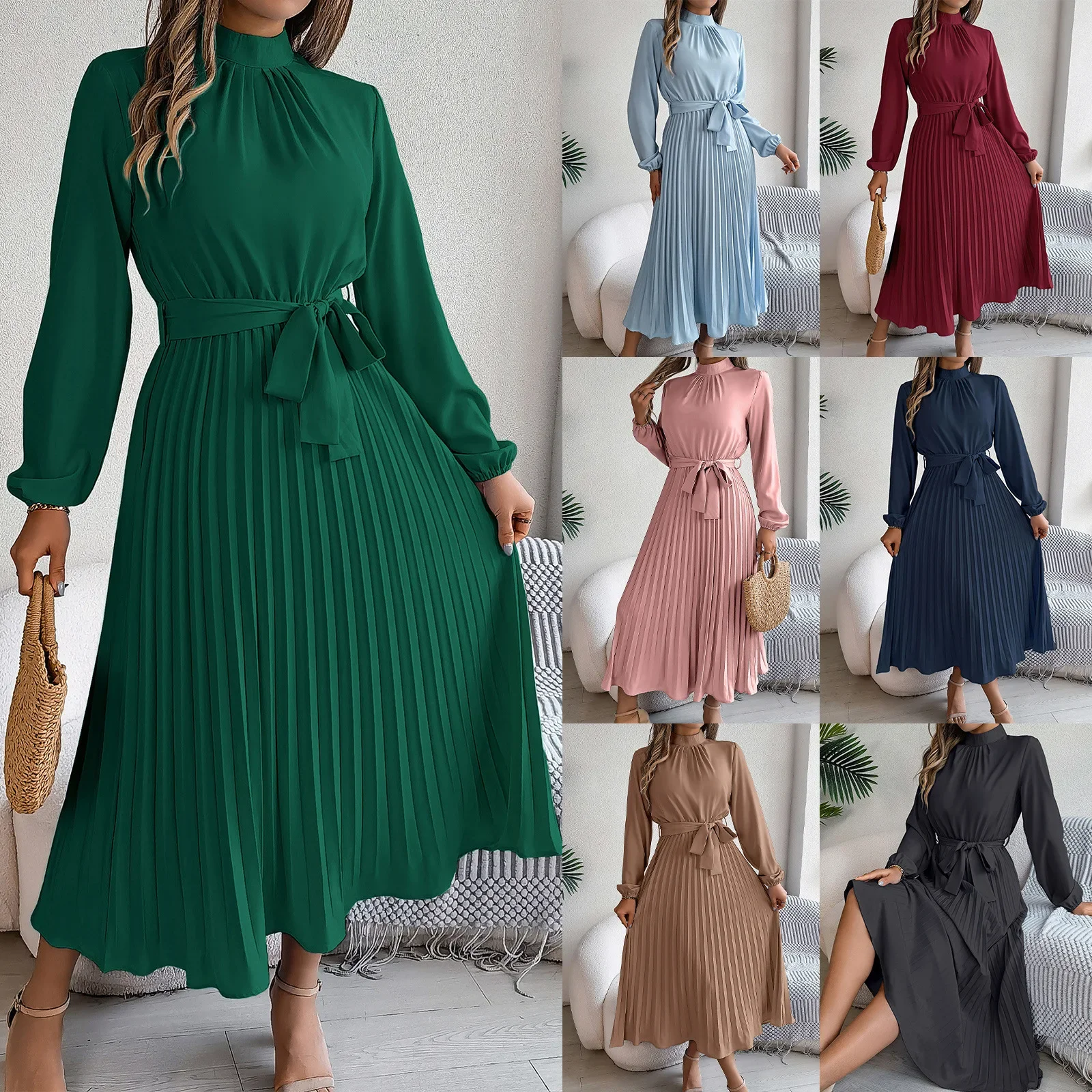2024 Autumn/Winter Elegant Stand Collar Long Sleeve Waist-Fitted Plaid Dress Amazon Cross-Border Women's Clothing