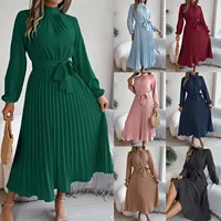 2024 Autumn/Winter Elegant Stand Collar Long Sleeve Waist-Fitted Plaid Dress Amazon Cross-Border Women's Clothing