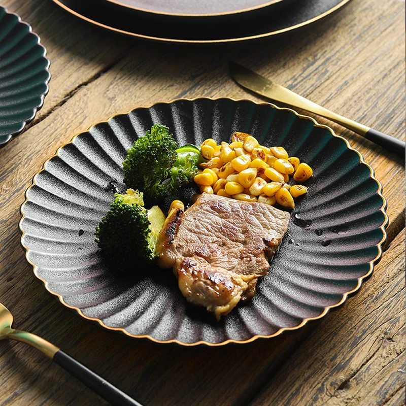 

Ceramics Plate Set Home Black Plates Dishes Japanese Style Dinnerware Kitchen Decoration Steak Western Food Breakfast