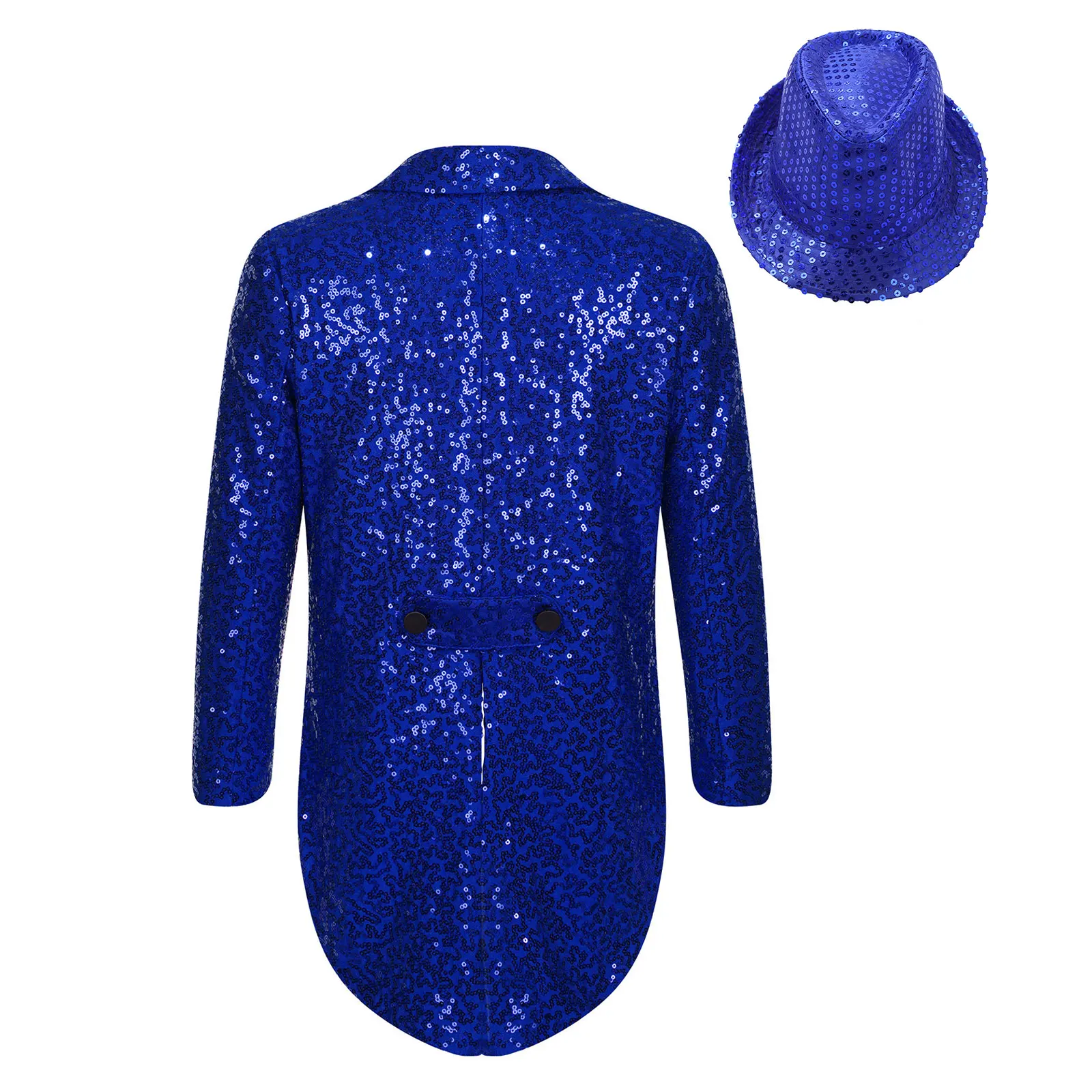 Blazer de espectáculo de magia para niños, trajes de baile de Jazz, traje de fiesta de boda de actuación, abrigo de cola de lentejuelas de manga larga con sombrero de lentejuelas